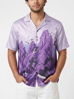 AKNOTIC "Mountains & Swallows" Purple Satin Camp Collar Shirt — Size M